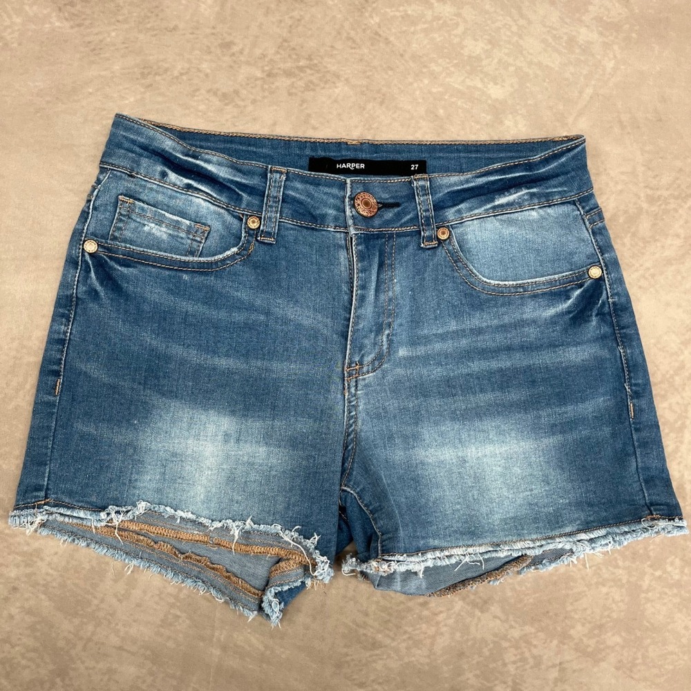 Harper Denim Shorts Women Size 27 Blue Frayed Raw Hem Distressed Summer Casual